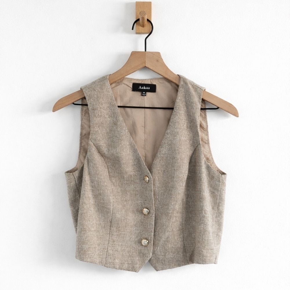 Tailored Beige Vest Waistcoat‎ Button Front Minimalist - Aakaa - Size M